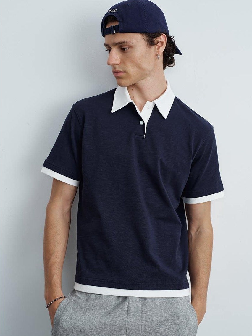 VLABMADE Bamboo Slub Non Iron Colorblock Loose Fit Men Stretch Short Sleeve Polo Shirts