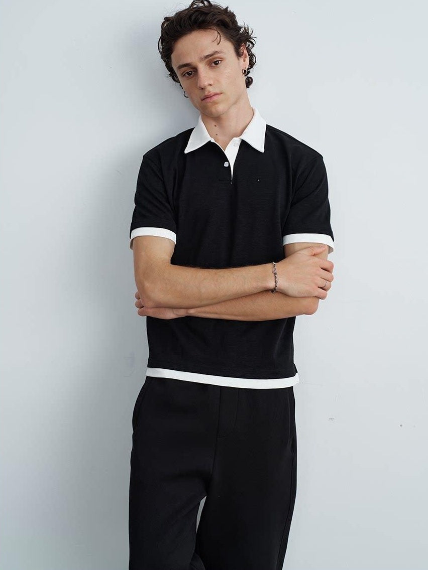 VLABMADE Bamboo Slub Non Iron Colorblock Loose Fit Men Stretch Short Sleeve Polo Shirts
