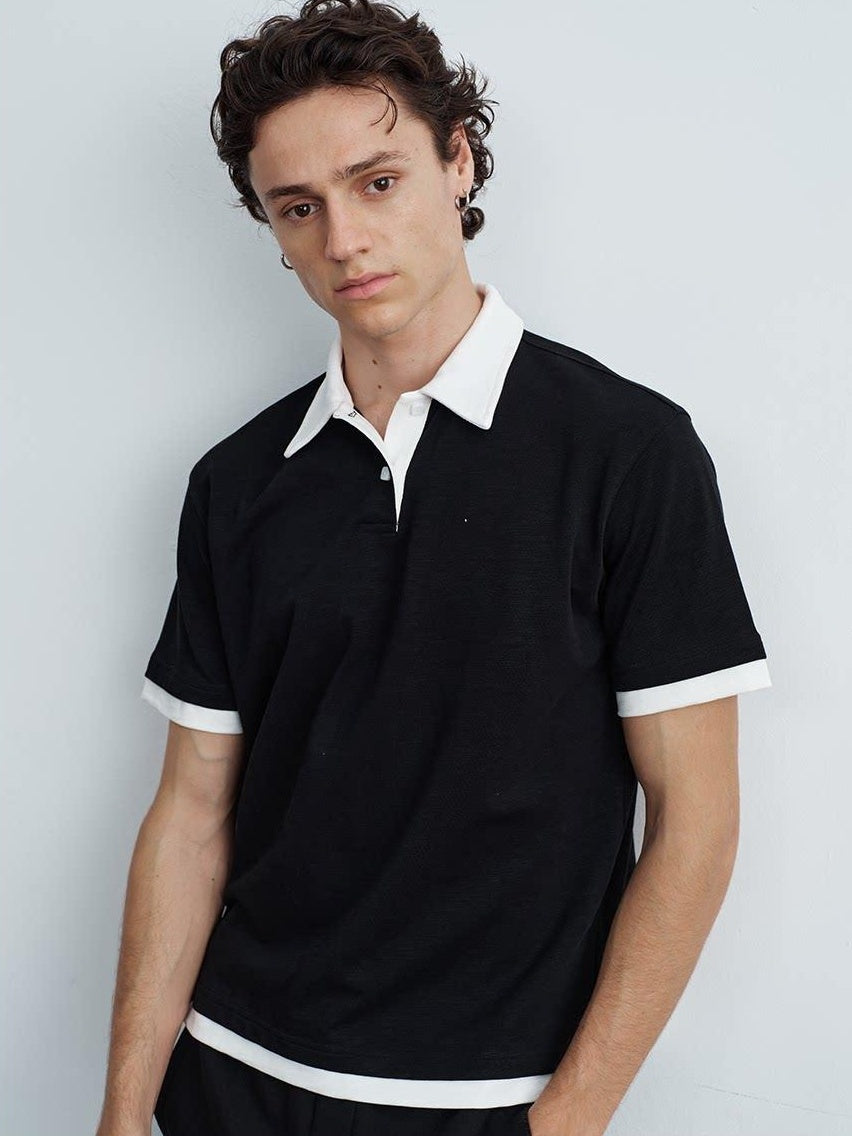 VLABMADE Bamboo Slub Non Iron Colorblock Loose Fit Men Stretch Short Sleeve Polo Shirts