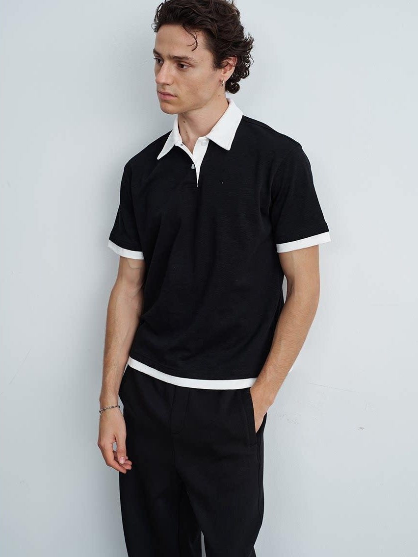 VLABMADE Bamboo Slub Non Iron Colorblock Loose Fit Men Stretch Short Sleeve Polo Shirts