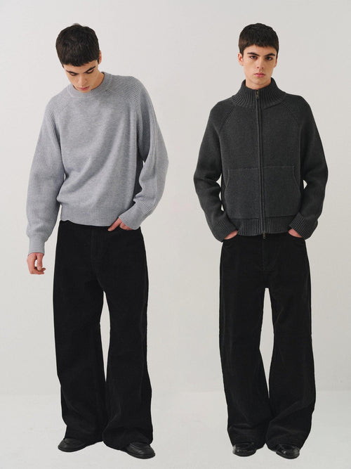 VLABMADE Black Corduroy 100% Cotton Mid Waist Non Fade Unisex Wide-Leg Casual Trousers