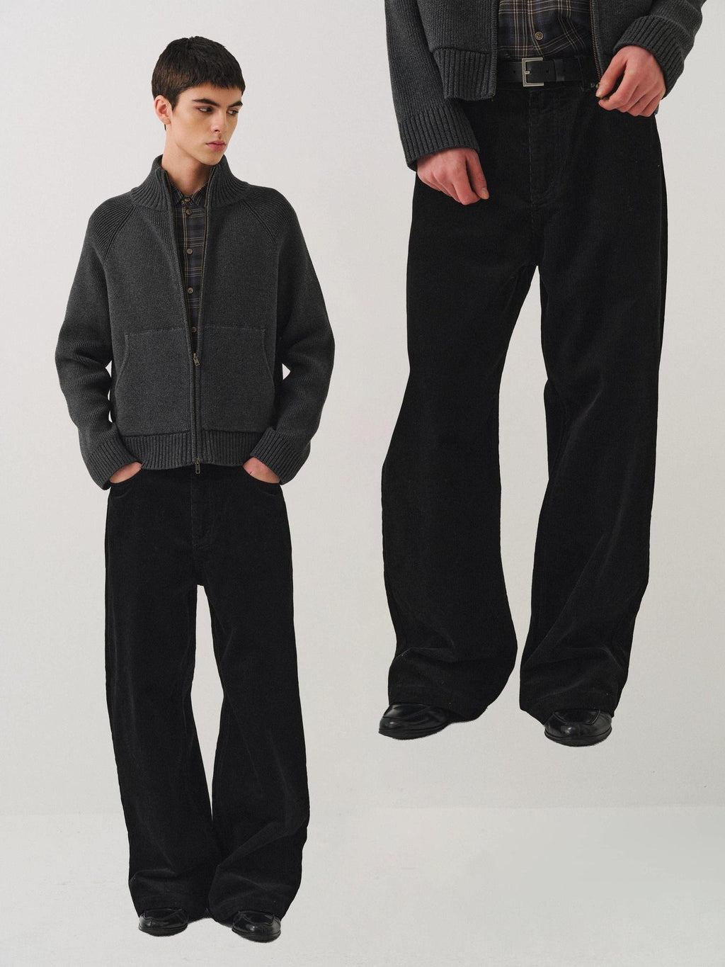 VLABMADE Black Corduroy 100% Cotton Mid Waist Non Fade Unisex Wide-Leg Casual Trousers
