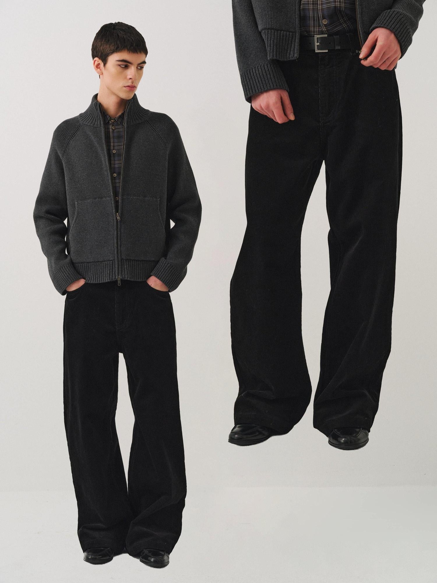 VLABMADE Black Corduroy 100% Cotton Mid Waist Non Fade Unisex Wide-Leg Casual Trousers