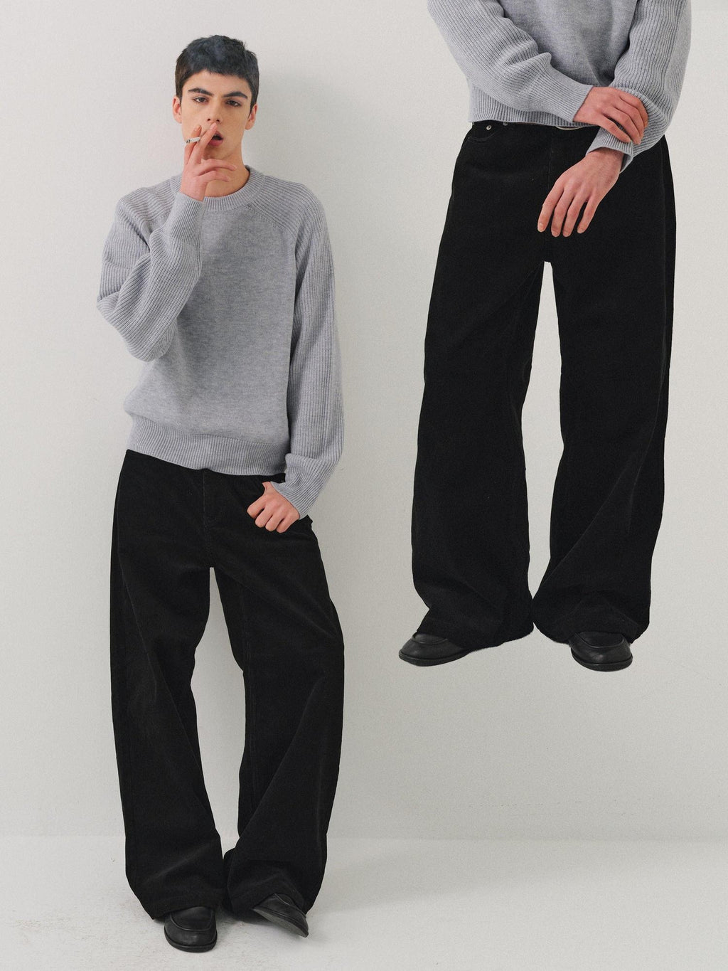 VLABMADE Black Corduroy 100% Cotton Mid Waist Non Fade Unisex Wide-Leg Casual Trousers
