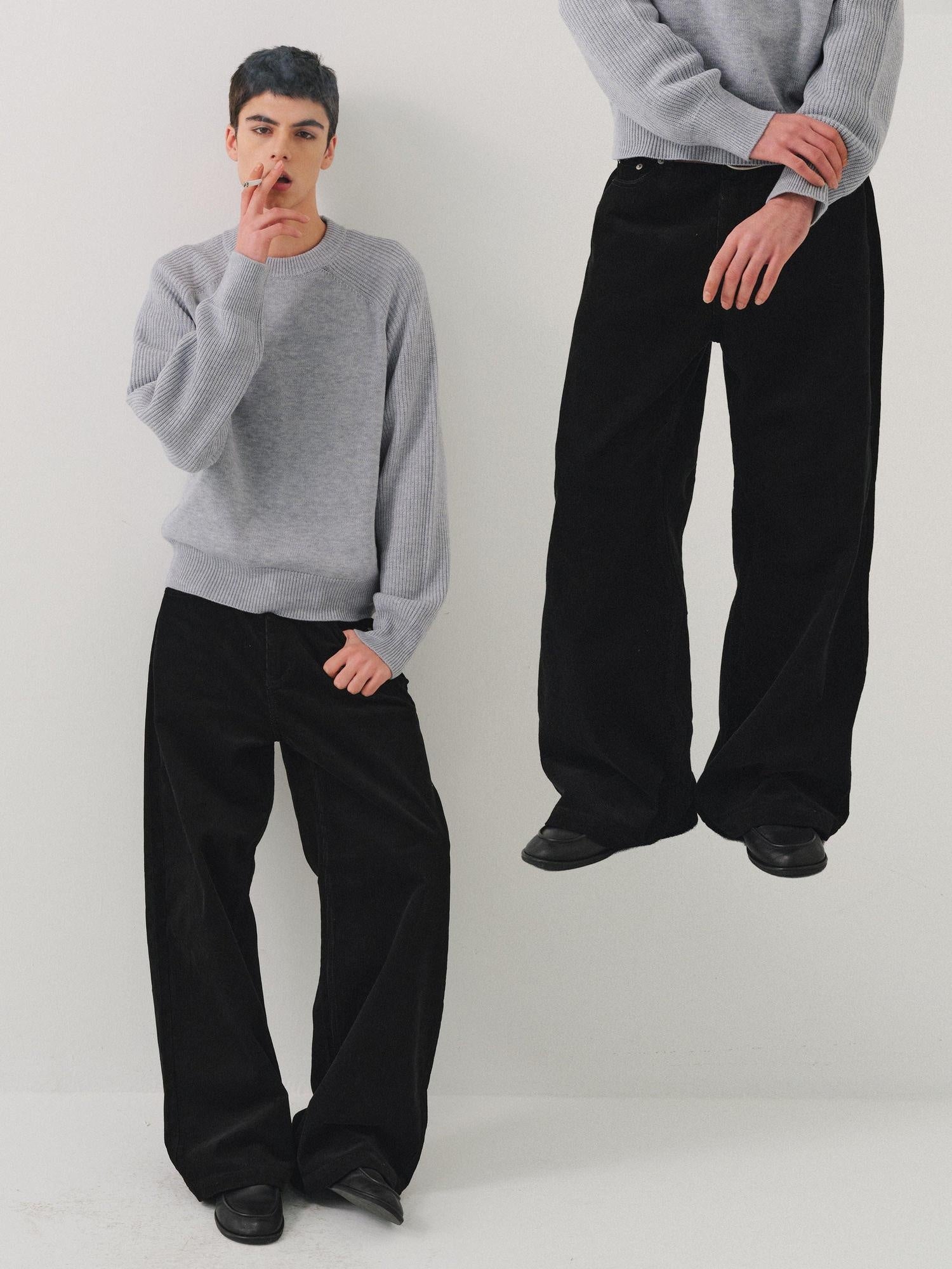 VLABMADE Black Corduroy 100% Cotton Mid Waist Non Fade Unisex Wide-Leg Casual Trousers