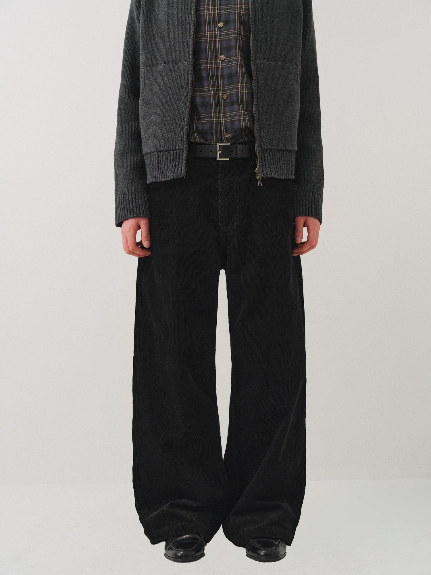 VLABMADE Black Corduroy 100% Cotton Mid Waist Non Fade Unisex Wide-Leg Casual Trousers