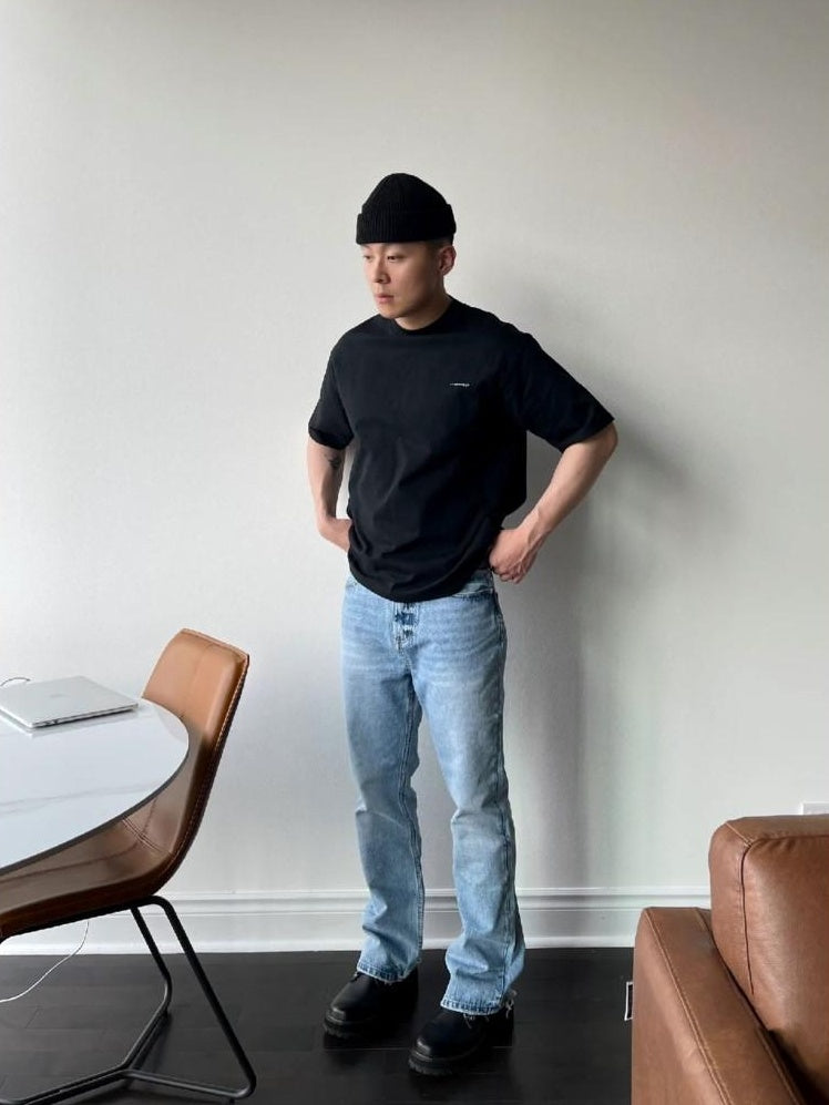 VLABMADE Breathable 100% Cotton Mid Rise 5 Pocket Washed Blue Straight-Leg Jeans