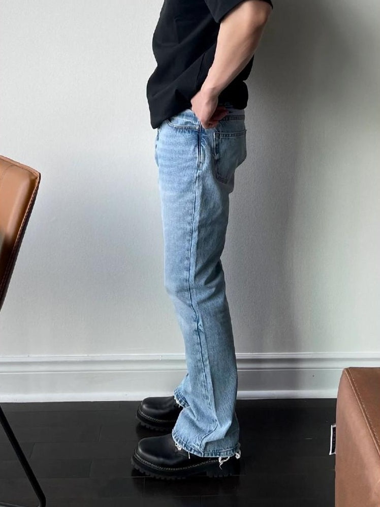 VLABMADE Breathable 100% Cotton Mid Rise 5 Pocket Washed Blue Straight-Leg Jeans