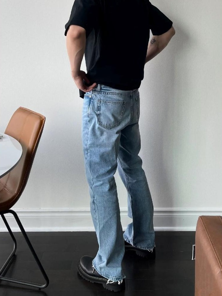 VLABMADE Breathable 100% Cotton Mid Rise 5 Pocket Washed Blue Straight-Leg Jeans