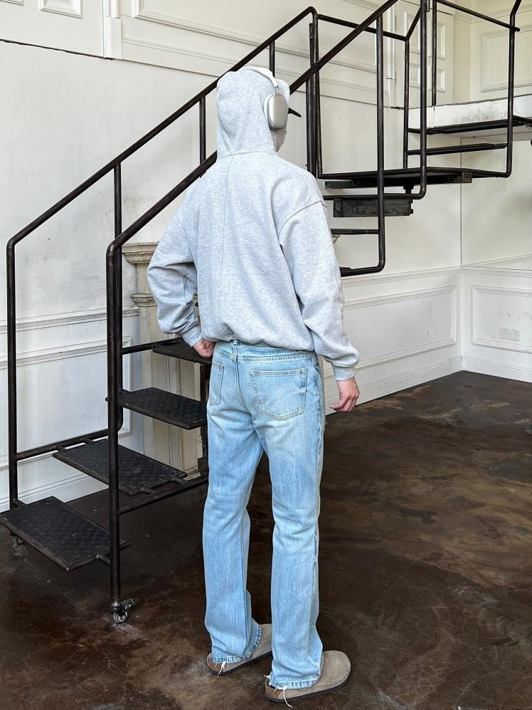 VLABMADE Breathable 100% Cotton Mid Rise 5 Pocket Washed Blue Straight-Leg Jeans