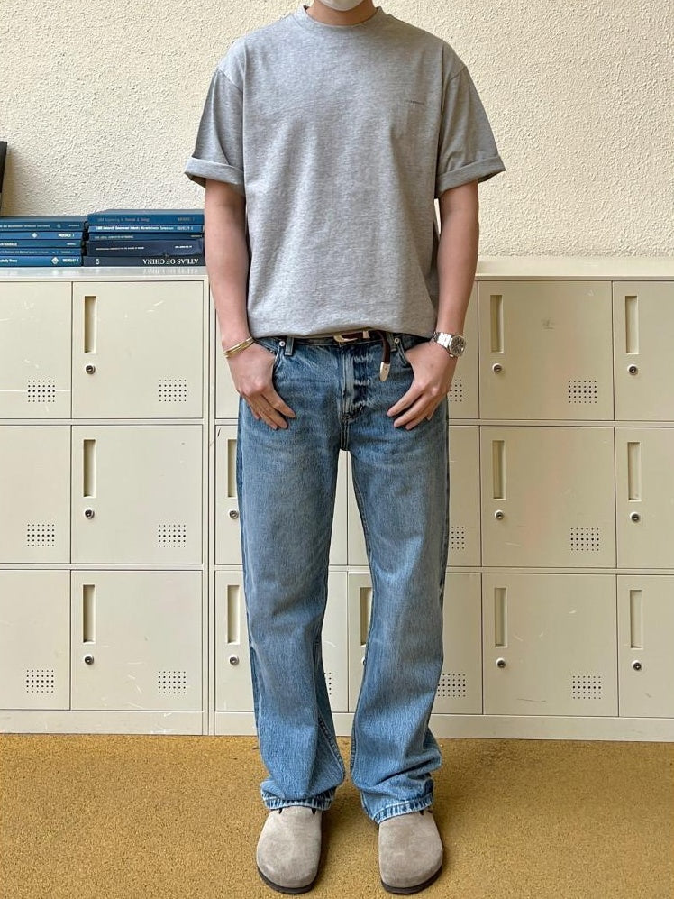 VLABMADE Breathable 100% Cotton Mid Rise 5 Pocket Washed Blue Straight-Leg Jeans