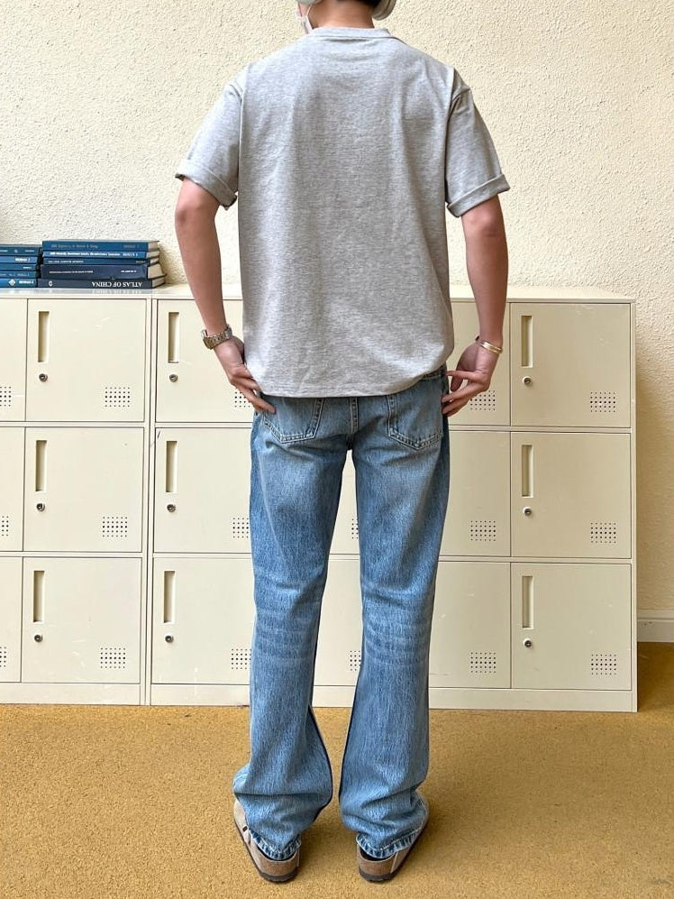 VLABMADE Breathable 100% Cotton Mid Rise 5 Pocket Washed Blue Straight-Leg Jeans