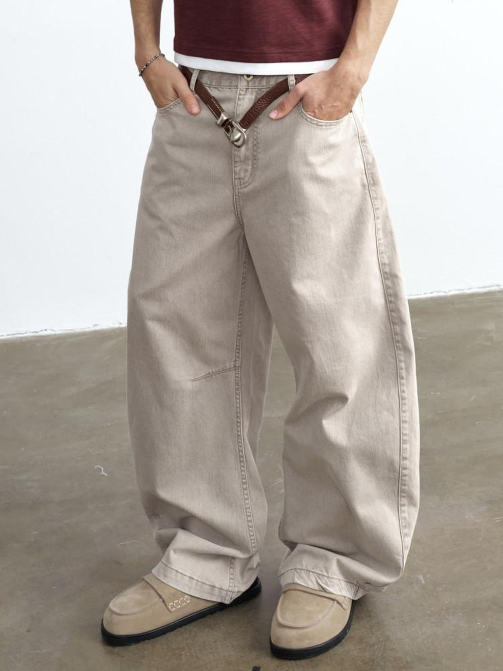 VLABMADE Breathable 100% Cotton Mid Rise Curved Vintage Light Khaki Denim Wide-Leg Jeans