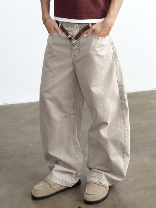 VLABMADE Breathable 100% Cotton Mid Rise Curved Vintage Light Khaki Denim Wide-Leg Jeans