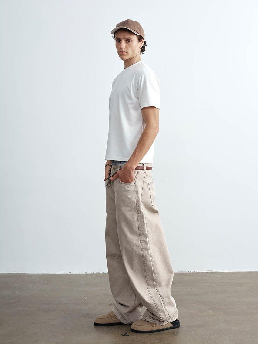 VLABMADE Breathable 100% Cotton Mid Rise Curved Vintage Light Khaki Denim Wide-Leg Jeans