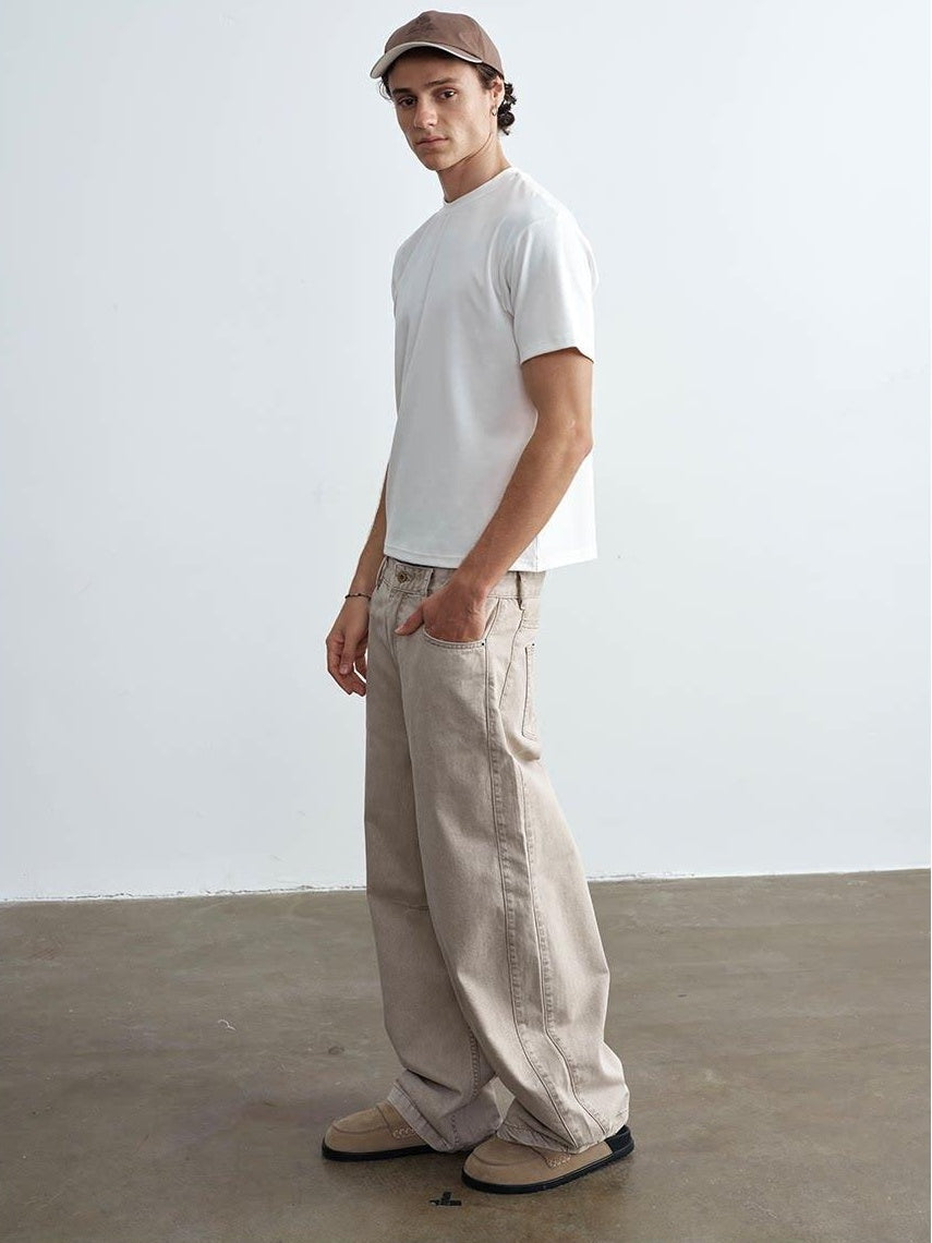 VLABMADE Breathable 100% Cotton Mid Rise Curved Vintage Light Khaki Denim Wide-Leg Jeans