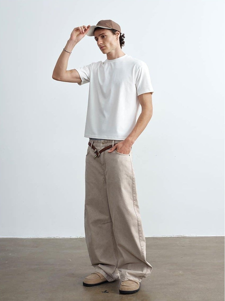 VLABMADE Breathable 100% Cotton Mid Rise Curved Vintage Light Khaki Denim Wide-Leg Jeans