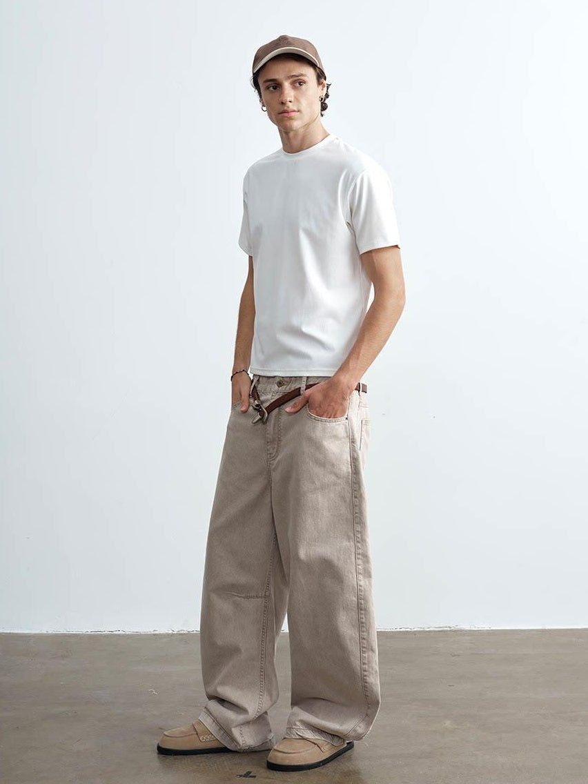 VLABMADE Breathable 100% Cotton Mid Rise Curved Vintage Light Khaki Denim Wide-Leg Jeans