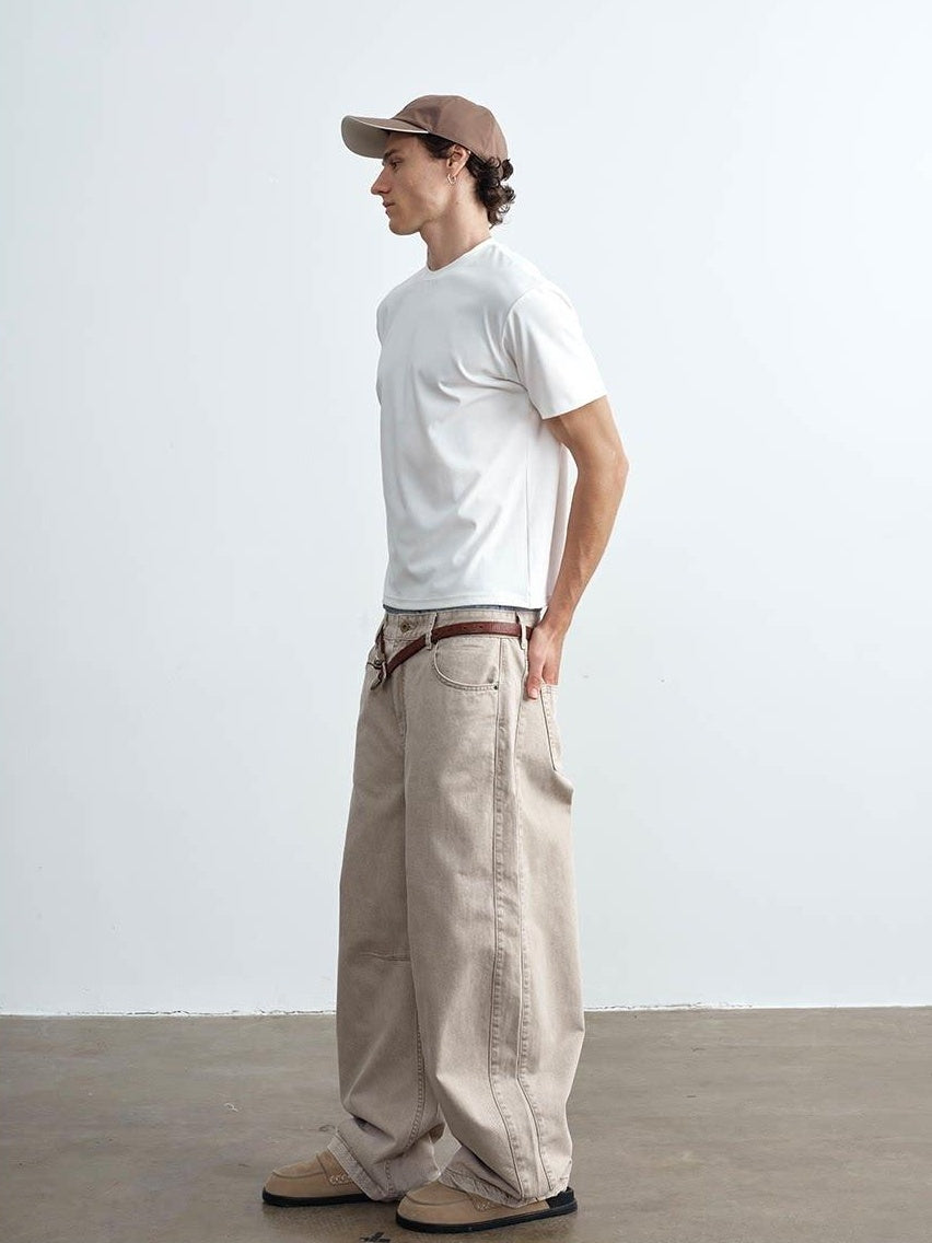 VLABMADE Breathable 100% Cotton Mid Rise Curved Vintage Light Khaki Denim Wide-Leg Jeans