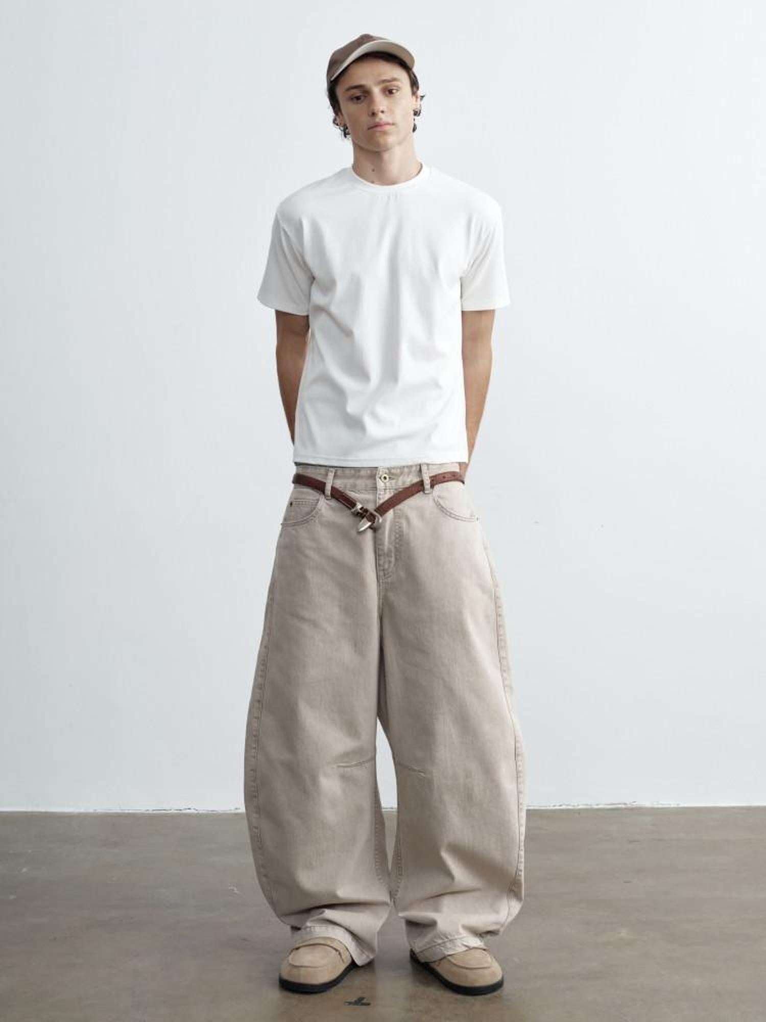 VLABMADE Breathable 100% Cotton Mid Rise Curved Vintage Light Khaki Denim Wide-Leg Jeans