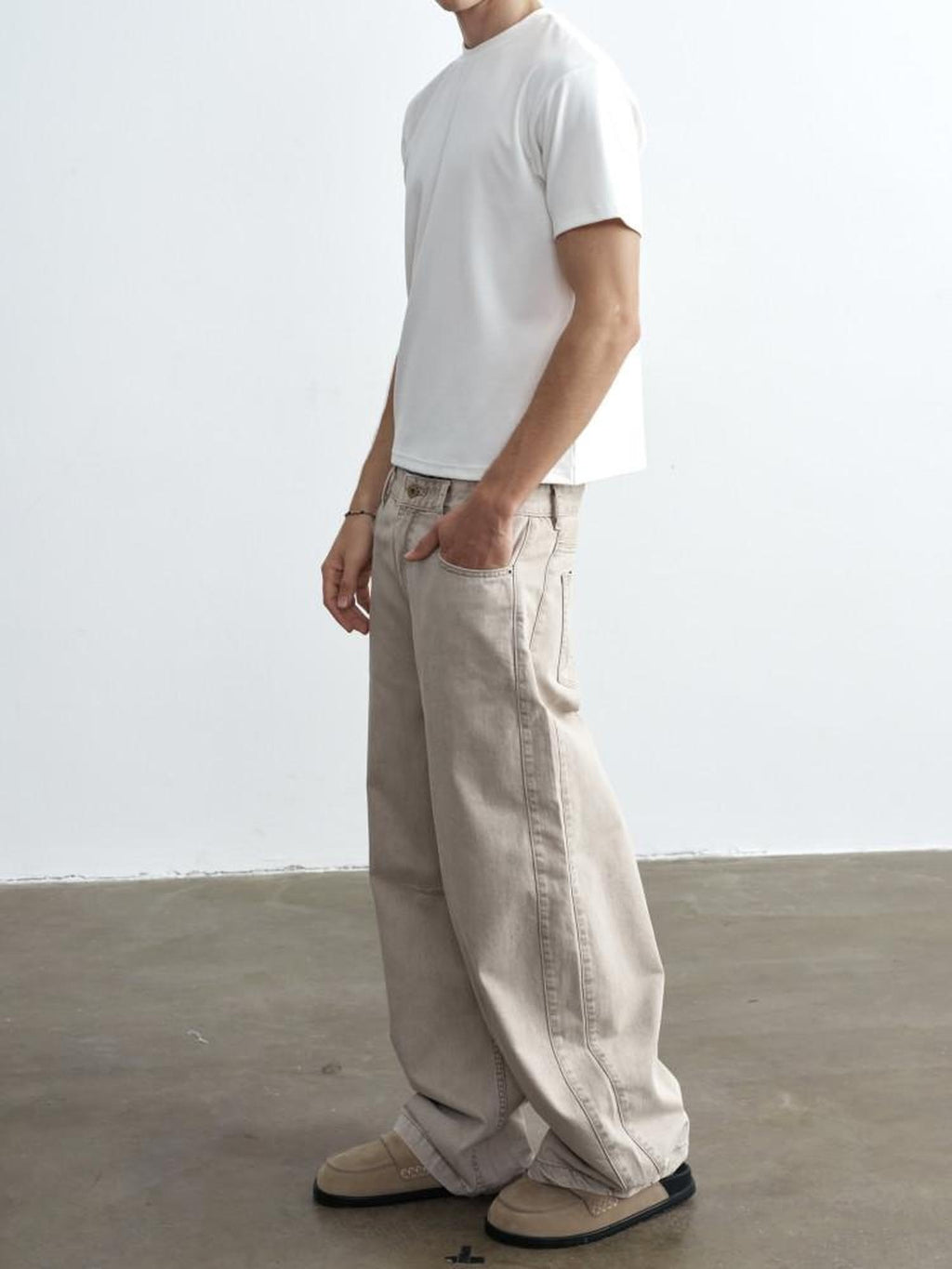 VLABMADE Breathable 100% Cotton Mid Rise Curved Vintage Light Khaki Denim Wide-Leg Jeans