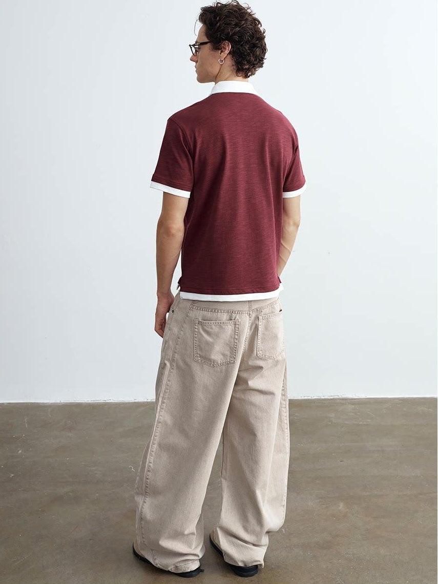 VLABMADE Breathable 100% Cotton Mid Rise Curved Vintage Light Khaki Denim Wide-Leg Jeans