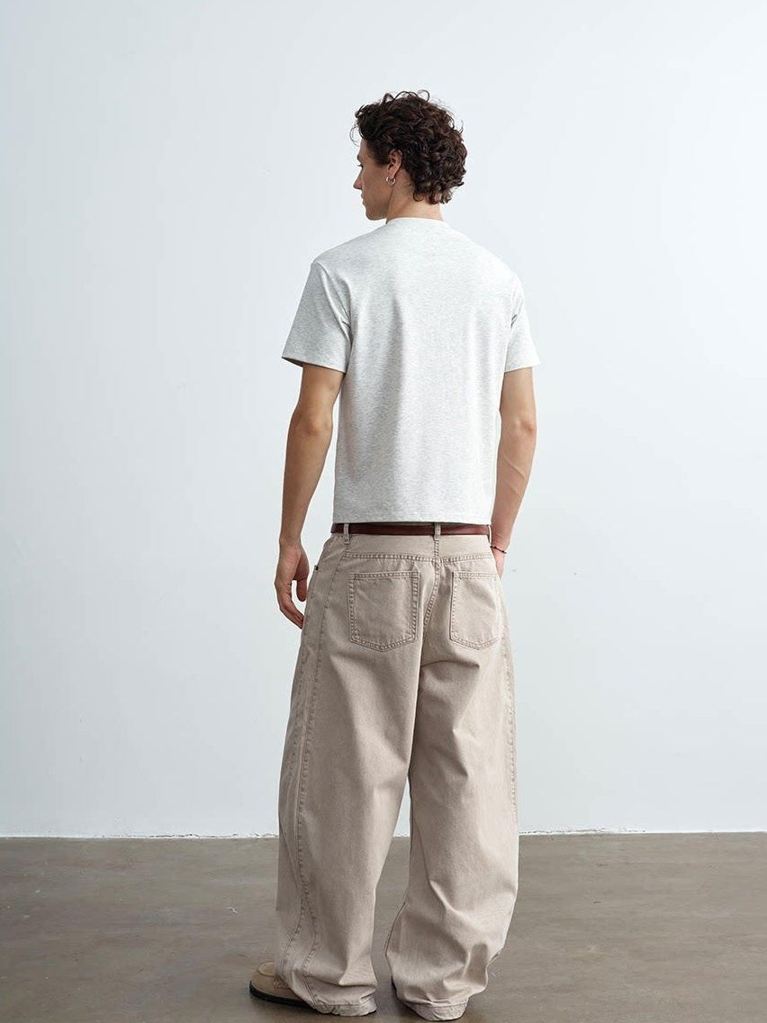 VLABMADE Breathable 100% Cotton Mid Rise Curved Vintage Light Khaki Denim Wide-Leg Jeans