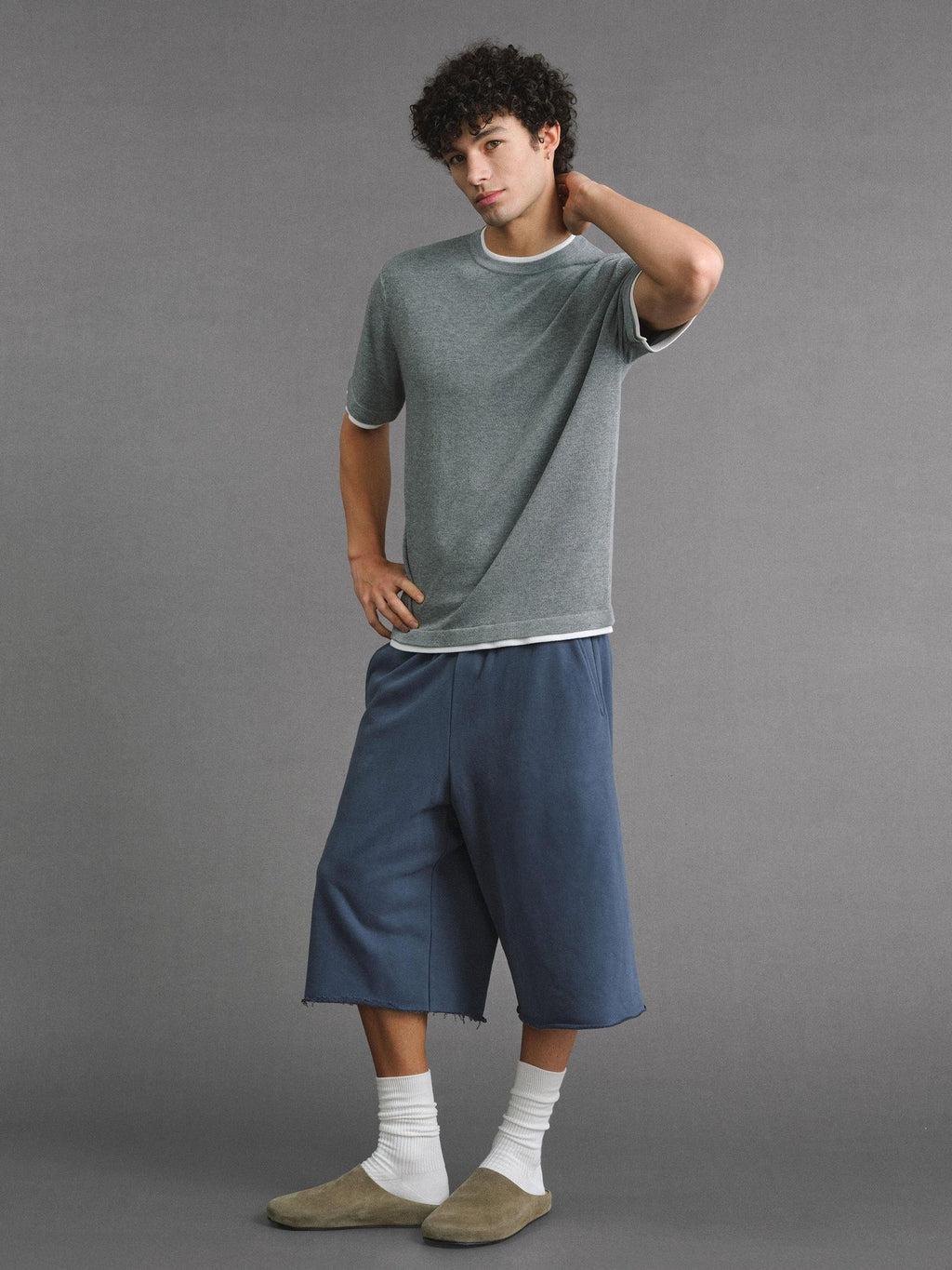 VLABMADE Breathable Cotton Blend Frayed Hem Loose Mid Rise Neutral Street Sweat Shorts