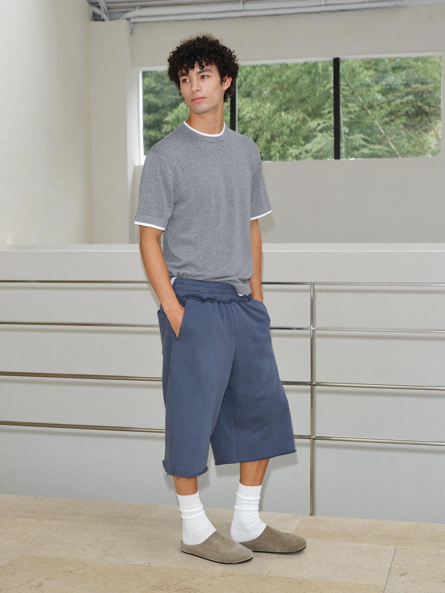 VLABMADE Breathable Cotton Blend Frayed Hem Loose Mid Rise Neutral Street Sweat Shorts