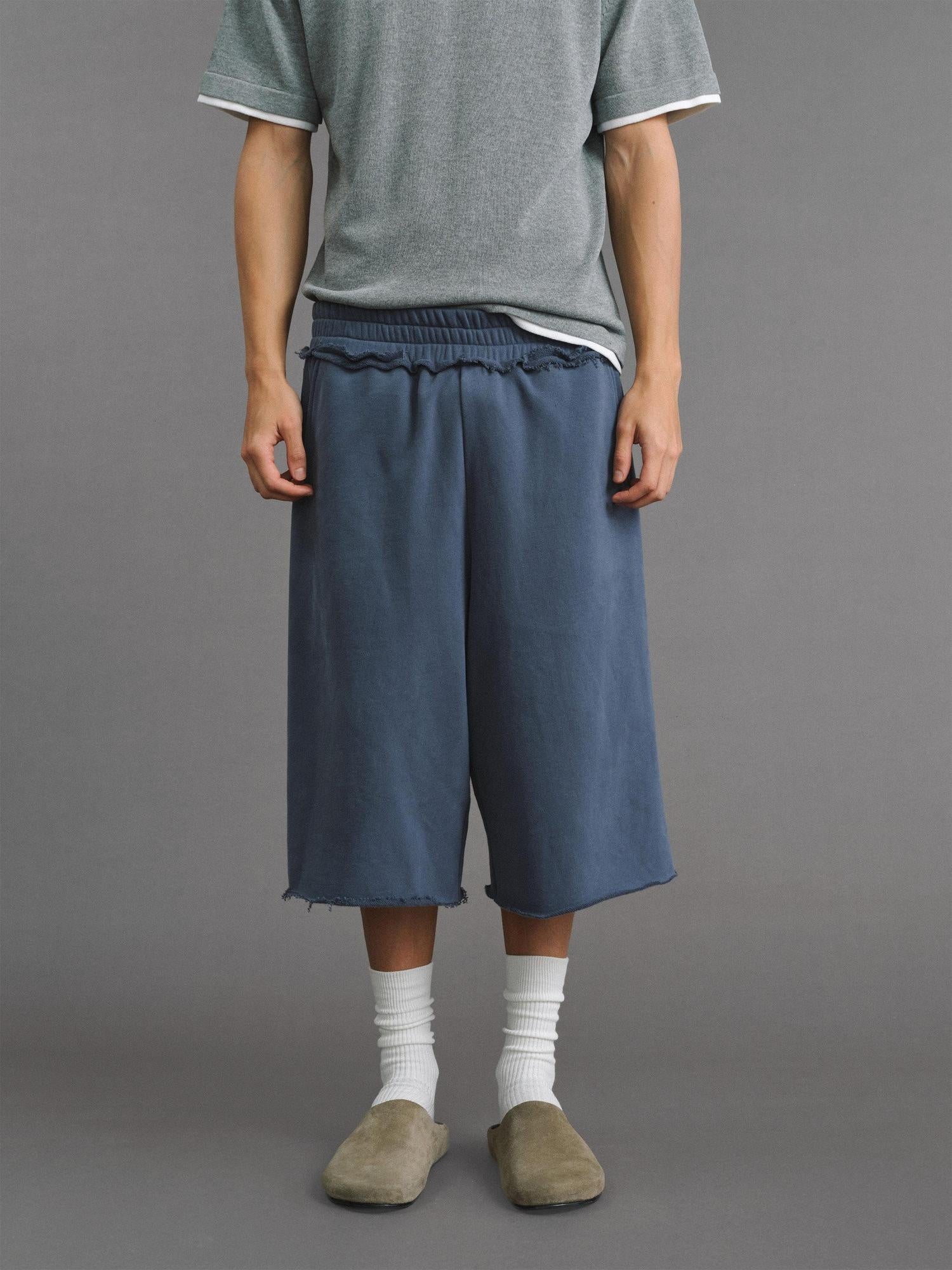 VLABMADE Breathable Cotton Blend Frayed Hem Loose Mid Rise Neutral Street Sweat Shorts
