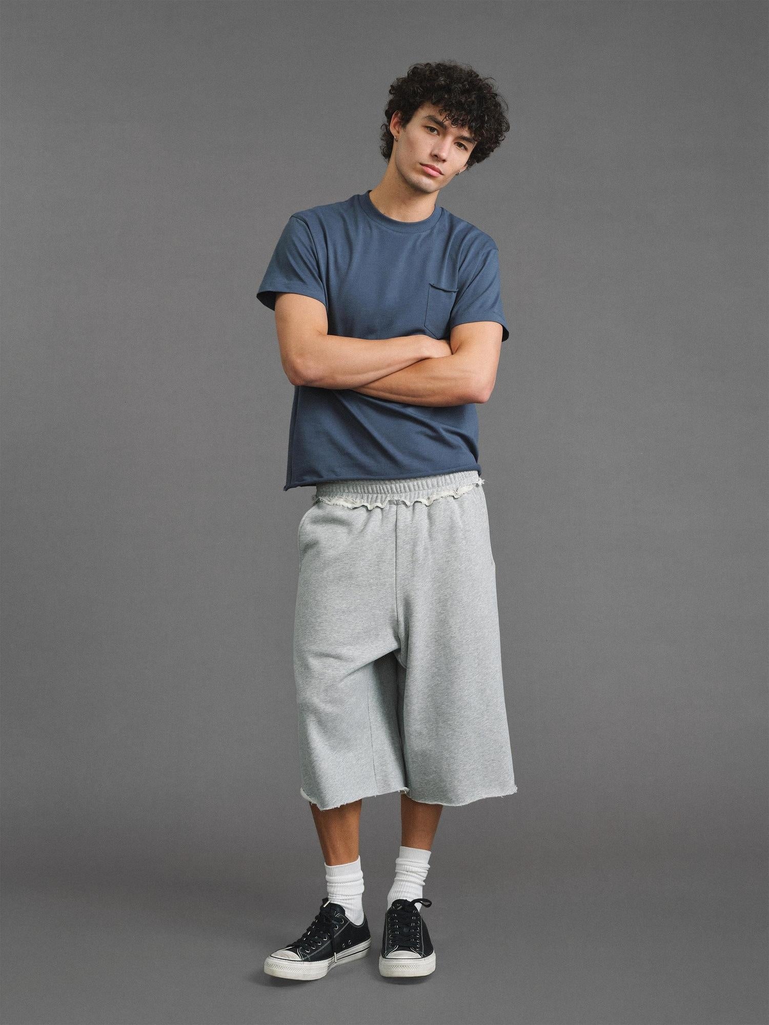 VLABMADE Breathable Cotton Blend Frayed Hem Loose Mid Rise Neutral Street Sweat Shorts