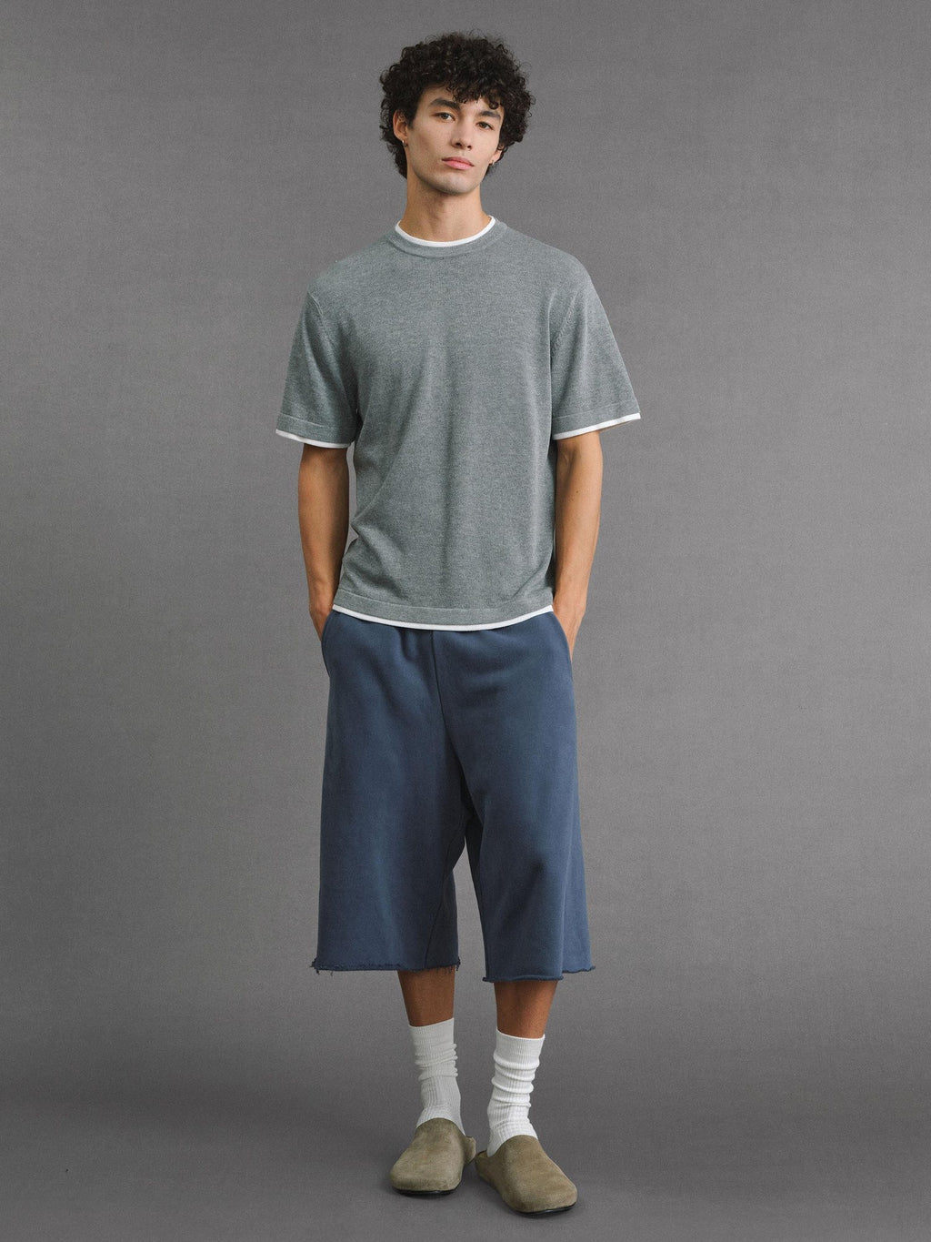 VLABMADE Breathable Cotton Blend Frayed Hem Loose Mid Rise Neutral Street Sweat Shorts