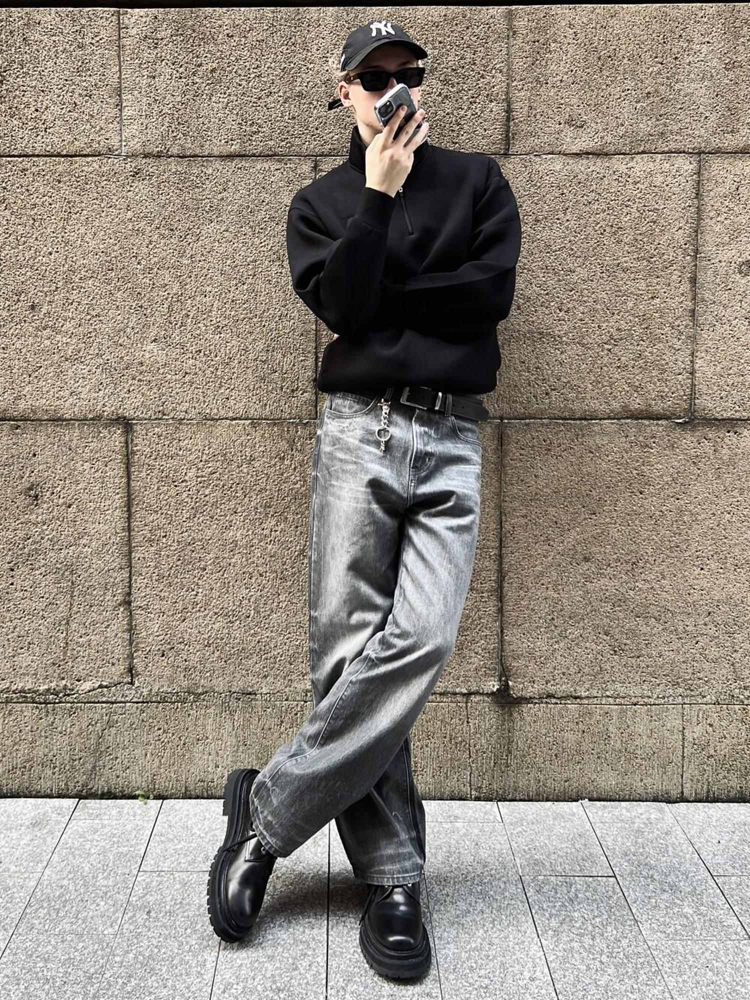 VLABMADE Breathable Cotton Denim Washed Mid Rise Loose Grey Straight-Leg Jeans