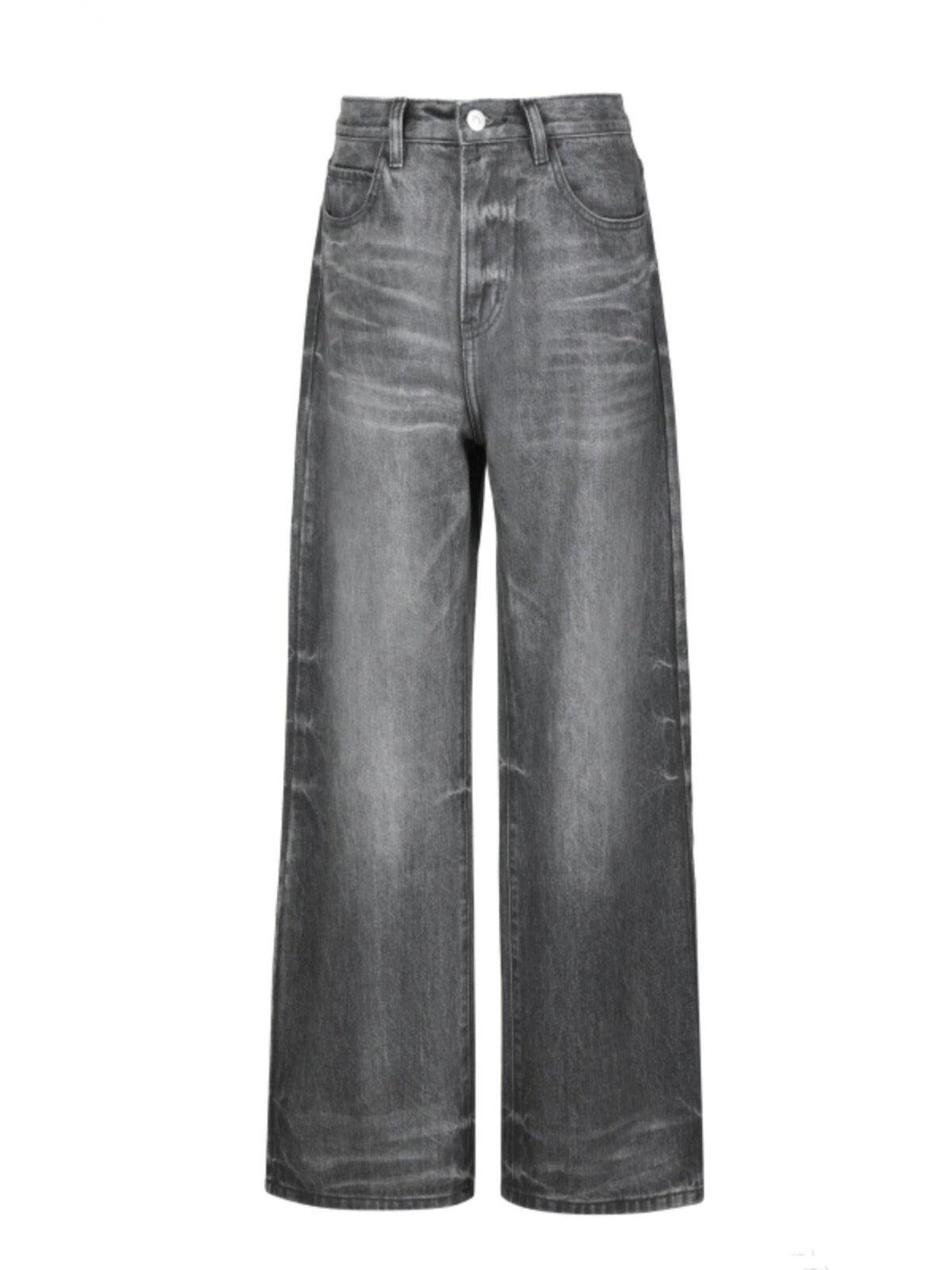 VLABMADE Breathable Cotton Denim Washed Mid Rise Loose Grey Straight-Leg Jeans