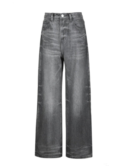 VLABMADE Breathable Cotton Denim Washed Mid Rise Loose Grey Straight-Leg Jeans