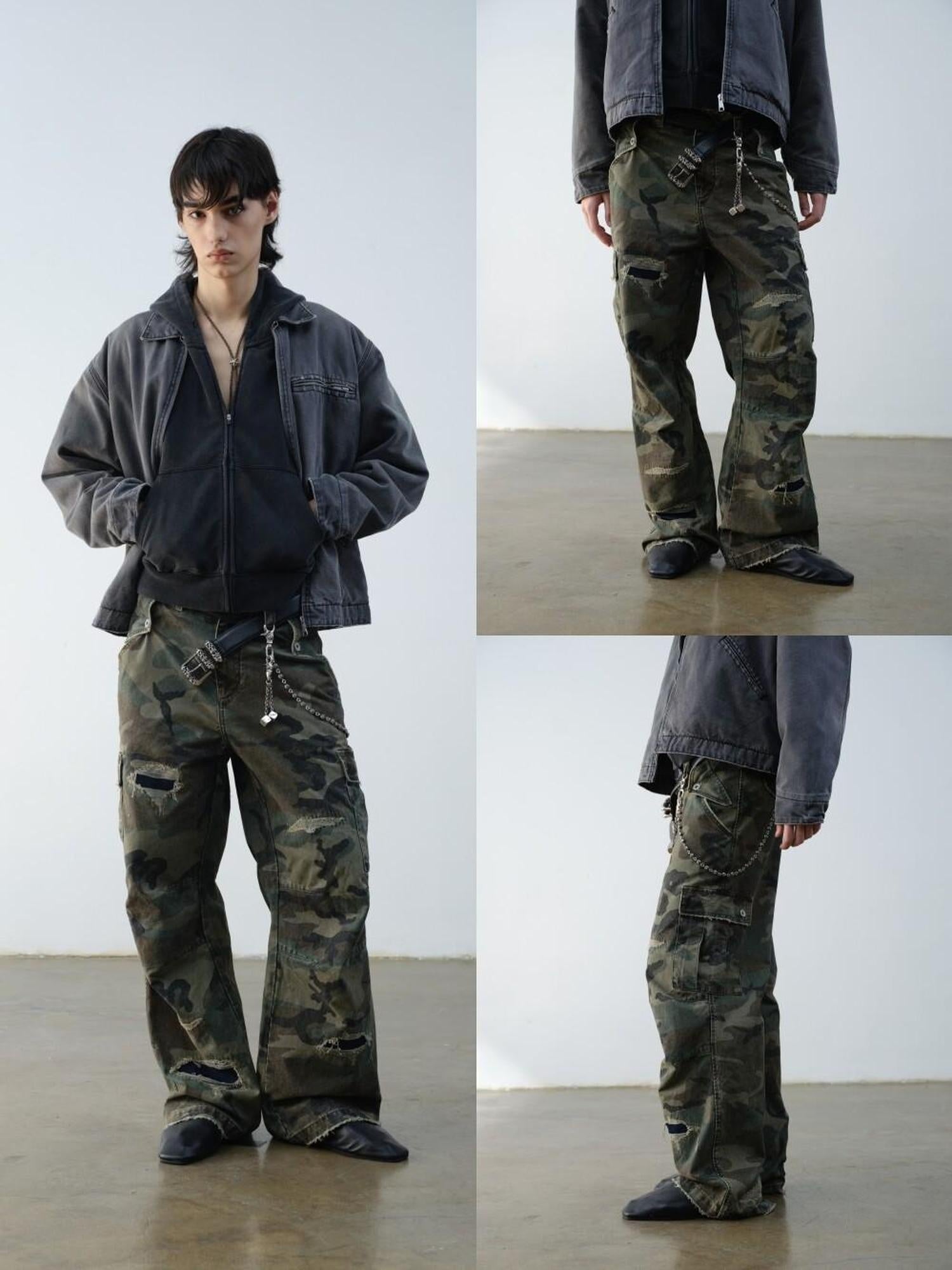 VLABMADE Breathable Cotton Distressed Olive Camo Straight Leg Urban Wide Cargo Pants