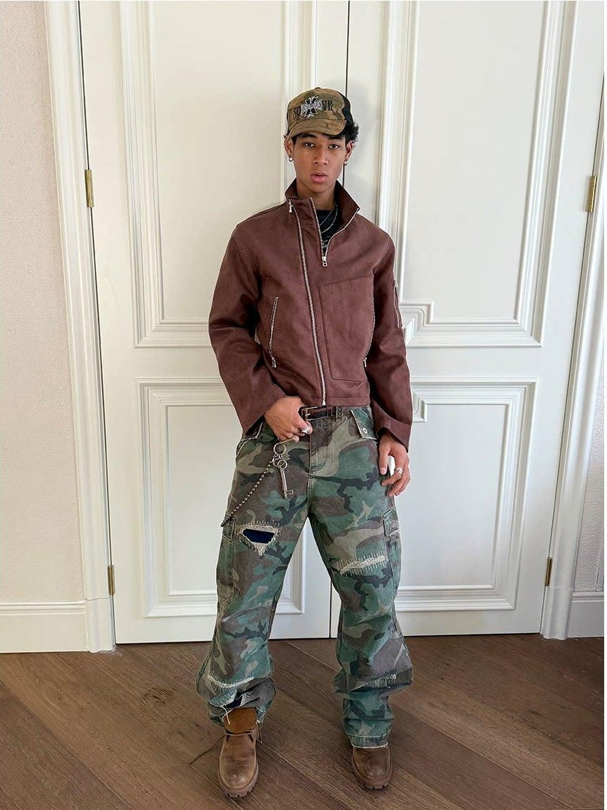 VLABMADE Breathable Cotton Distressed Olive Camo Straight Leg Urban Wide Cargo Pants