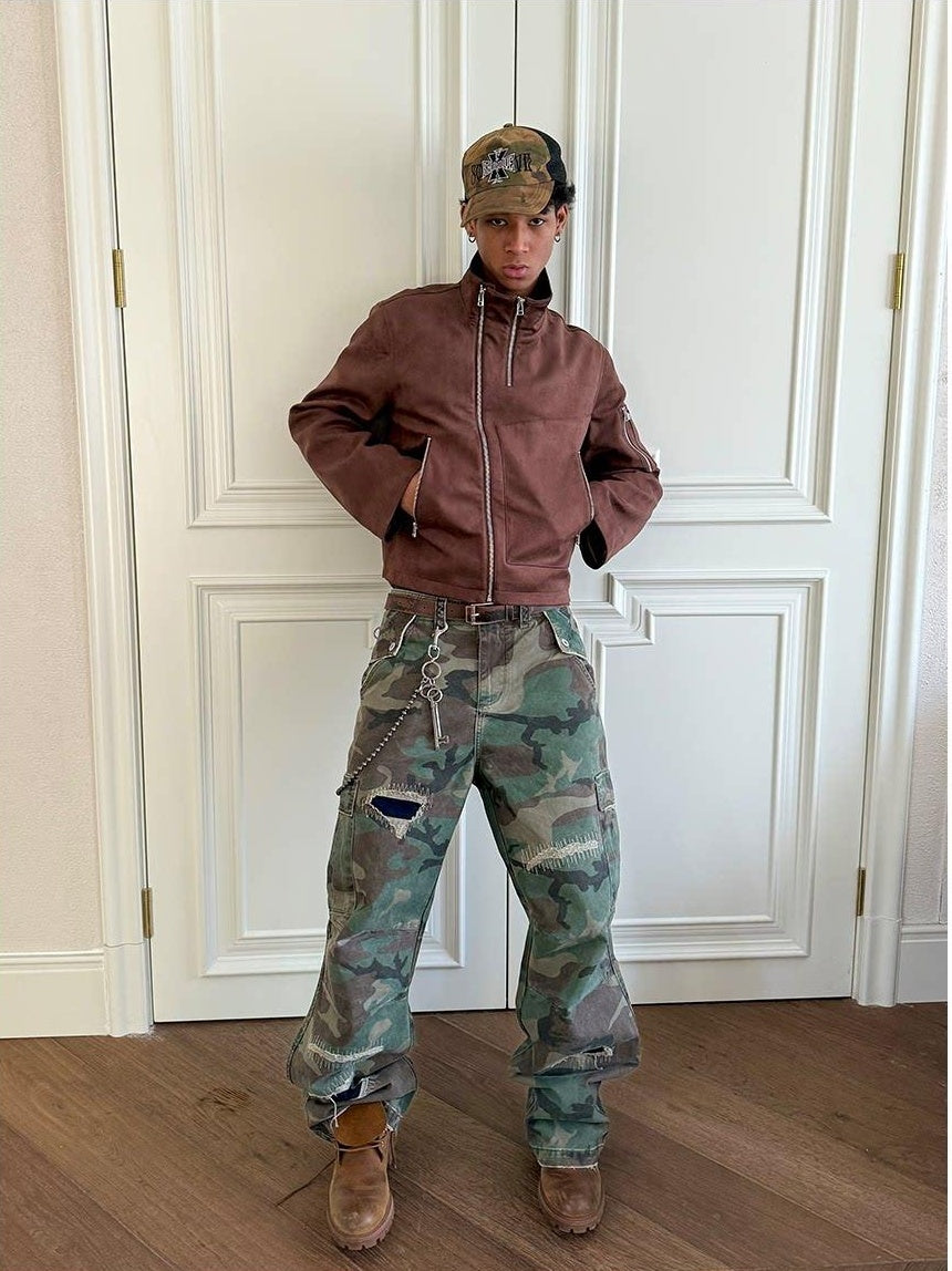 VLABMADE Breathable Cotton Distressed Olive Camo Straight Leg Urban Wide Cargo Pants