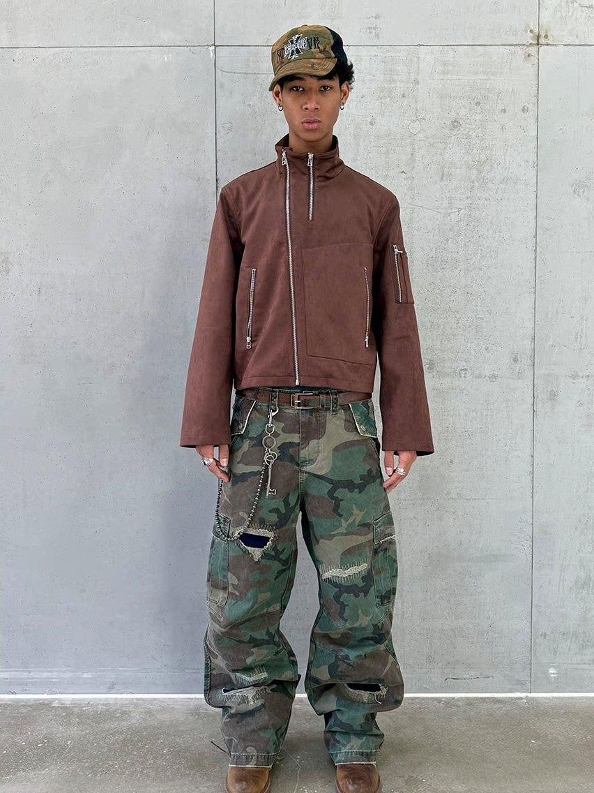 VLABMADE Breathable Cotton Distressed Olive Camo Straight Leg Urban Wide Cargo Pants
