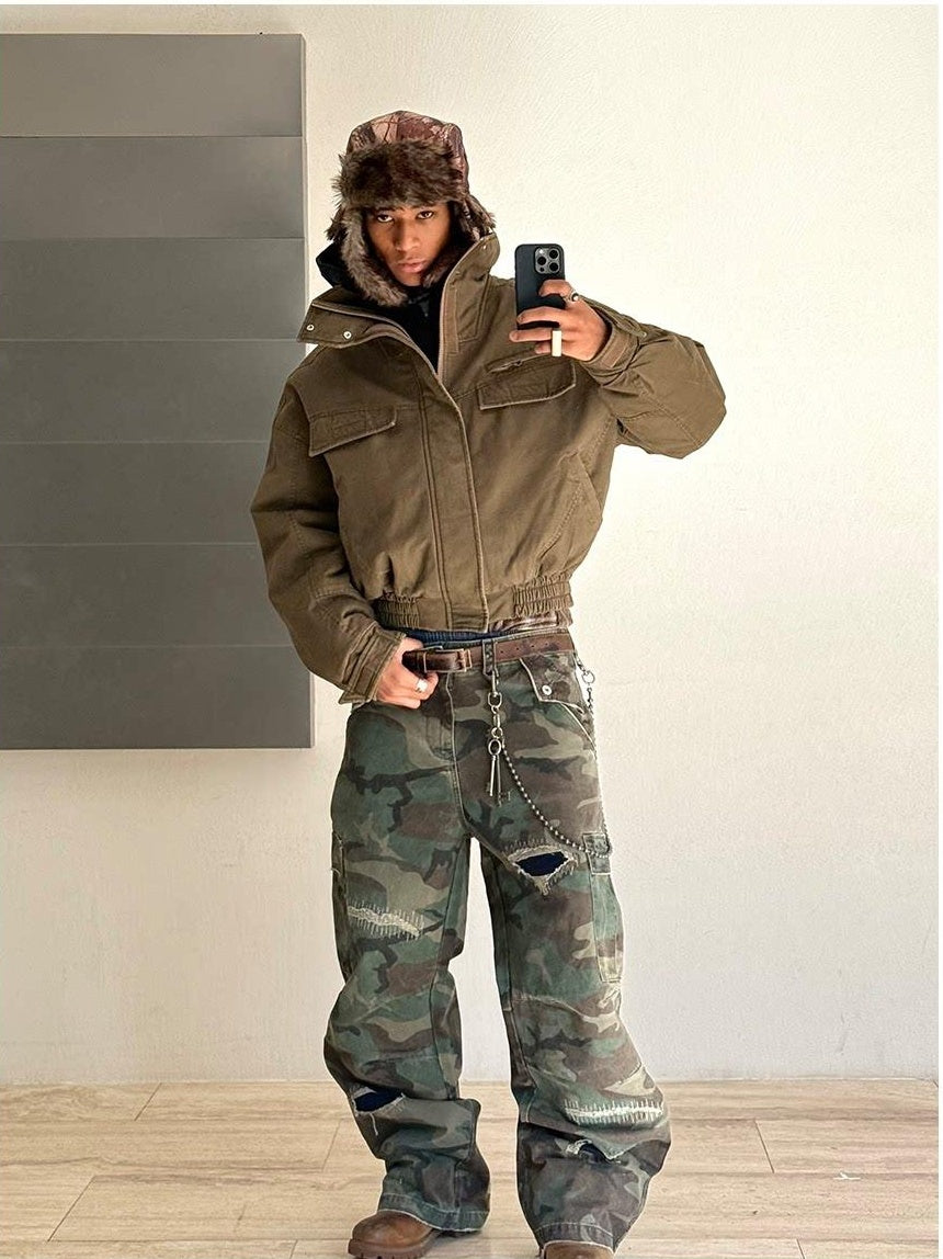 VLABMADE Breathable Cotton Distressed Olive Camo Straight Leg Urban Wide Cargo Pants