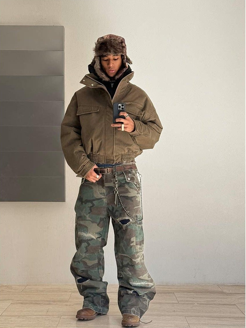 VLABMADE Breathable Cotton Distressed Olive Camo Straight Leg Urban Wide Cargo Pants