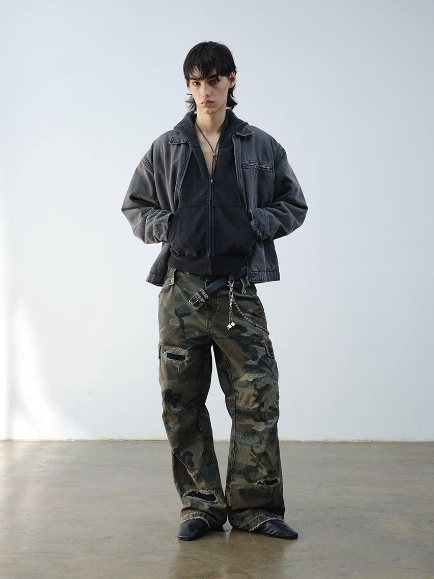 VLABMADE Breathable Cotton Distressed Olive Camo Straight Leg Urban Wide Cargo Pants