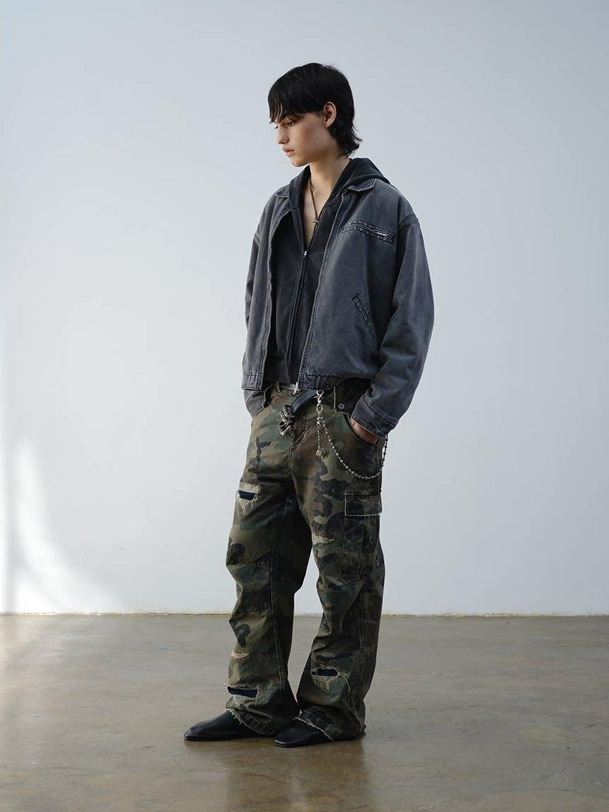 VLABMADE Breathable Cotton Distressed Olive Camo Straight Leg Urban Wide Cargo Pants
