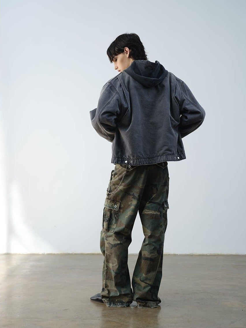 VLABMADE Breathable Cotton Distressed Olive Camo Straight Leg Urban Wide Cargo Pants