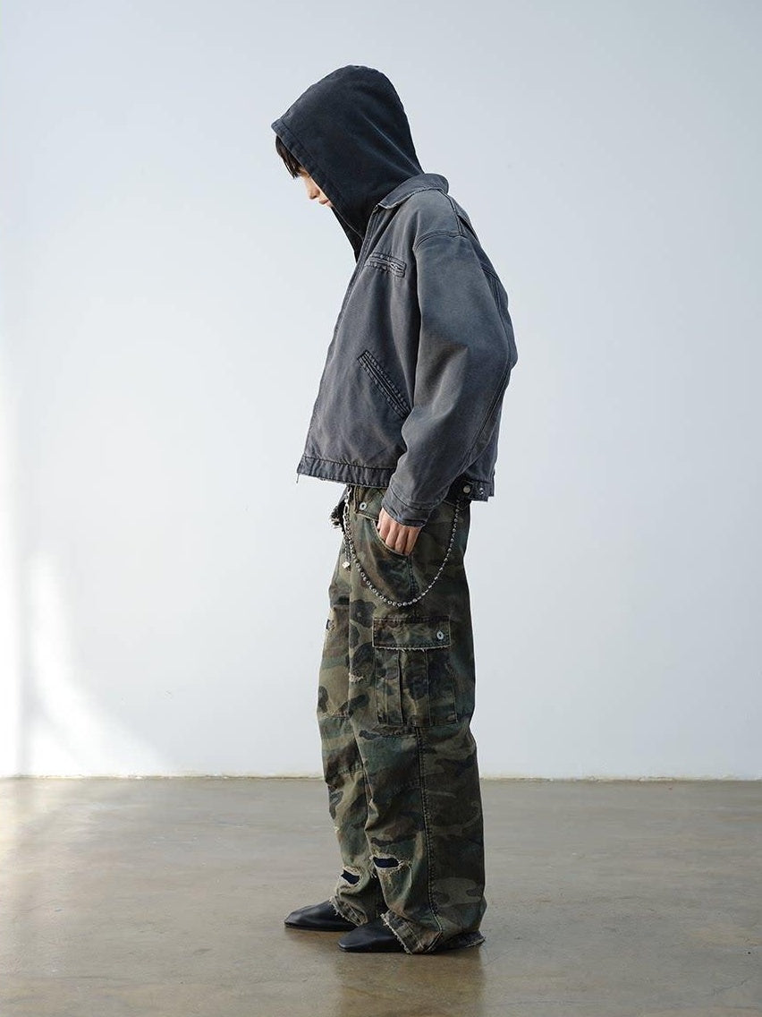 VLABMADE Breathable Cotton Distressed Olive Camo Straight Leg Urban Wide Cargo Pants