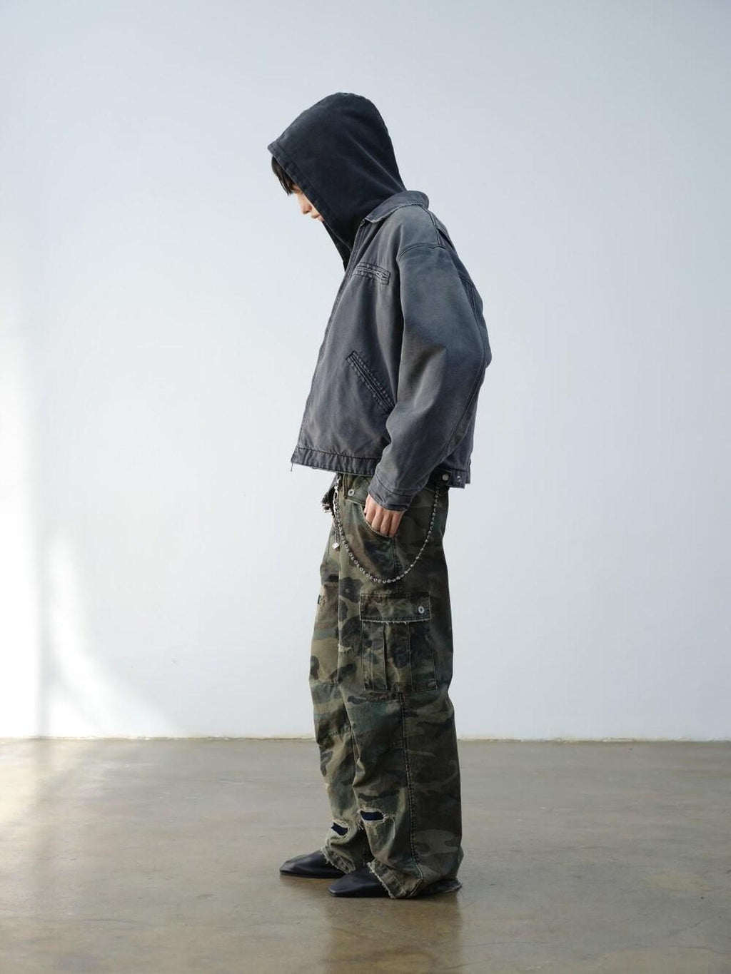 VLABMADE Breathable Cotton Distressed Olive Camo Straight Leg Urban Wide Cargo Pants