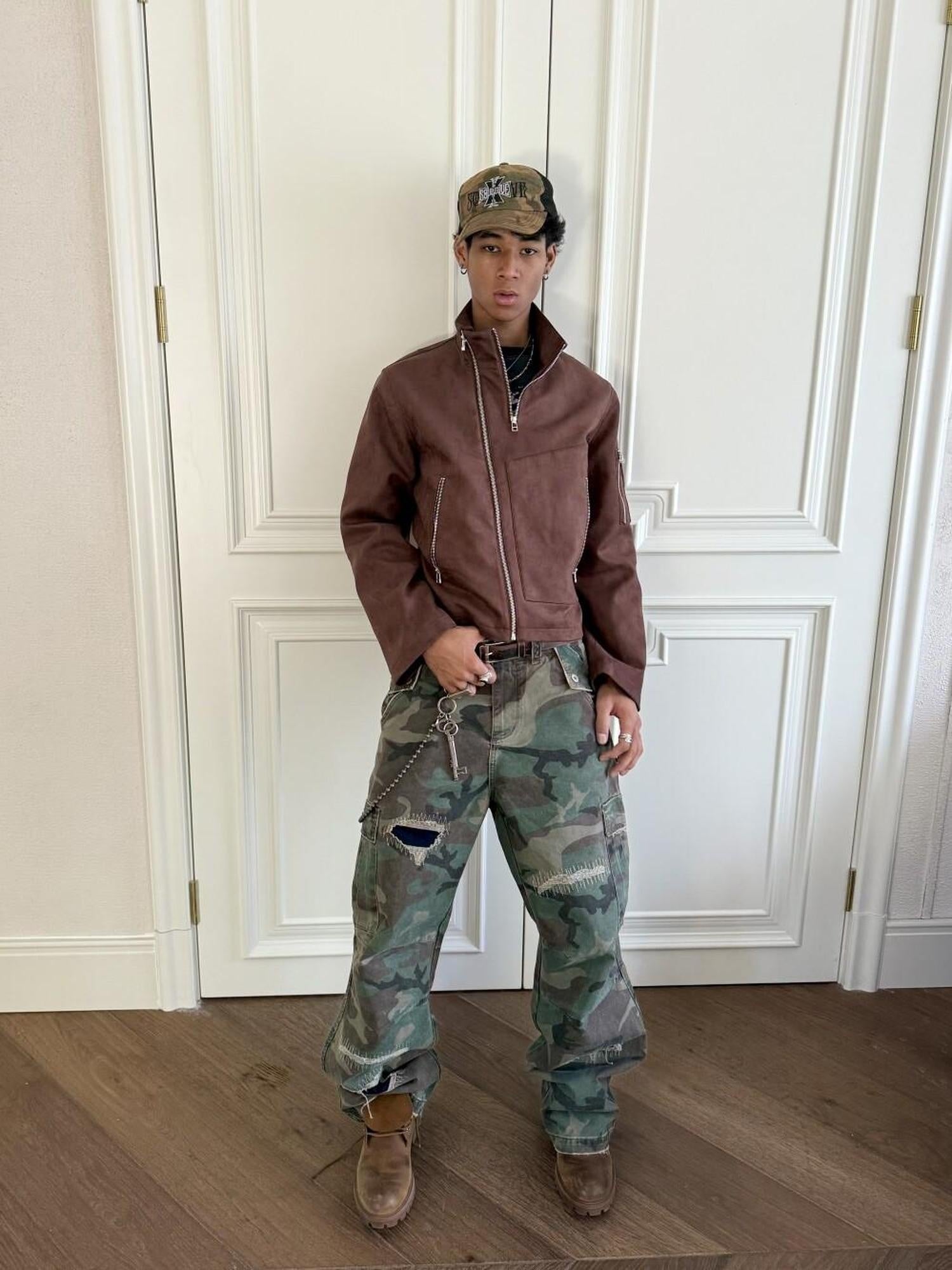 VLABMADE Breathable Cotton Distressed Olive Camo Straight Leg Urban Wide Cargo Pants