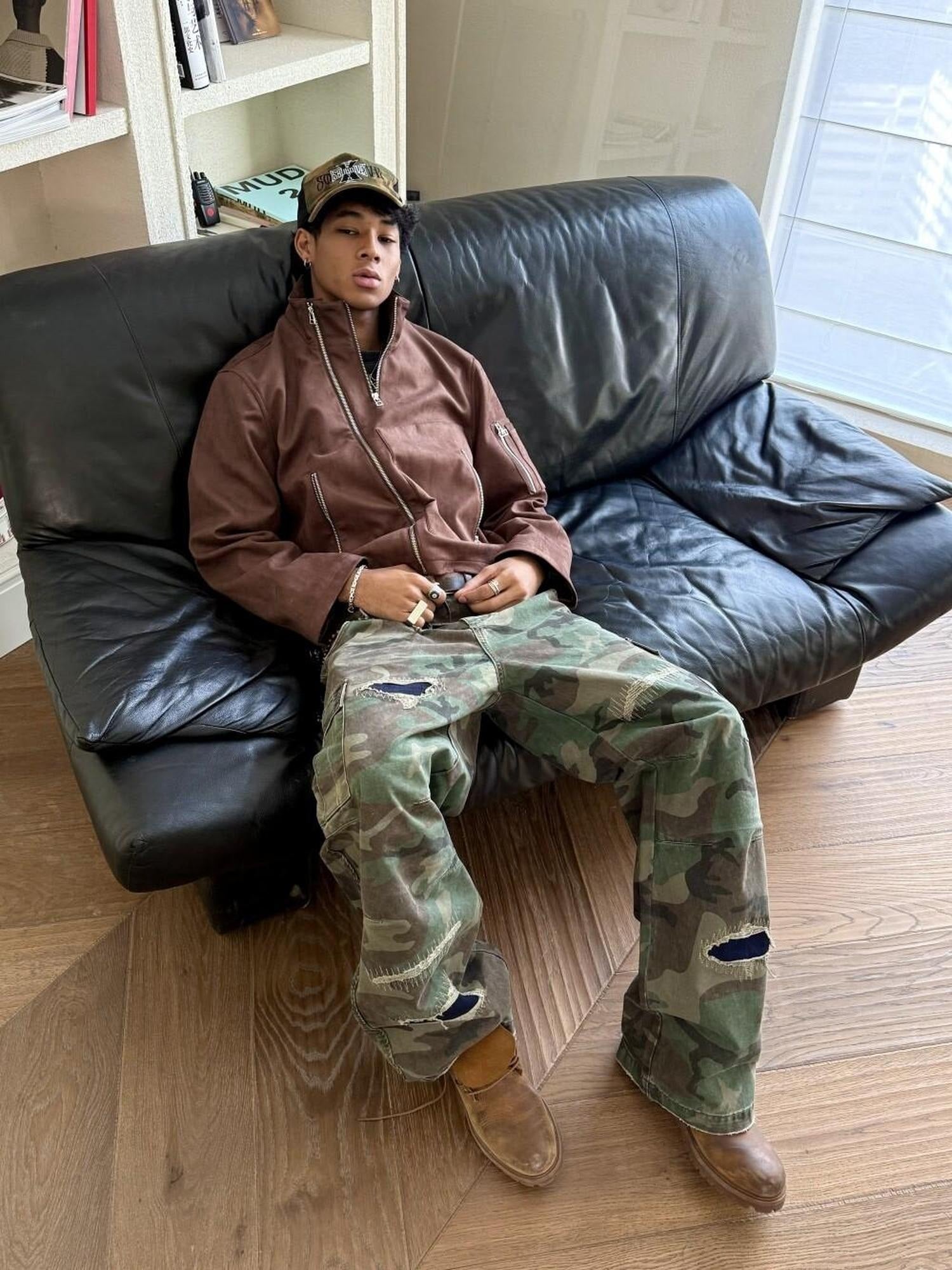VLABMADE Breathable Cotton Distressed Olive Camo Straight Leg Urban Wide Cargo Pants