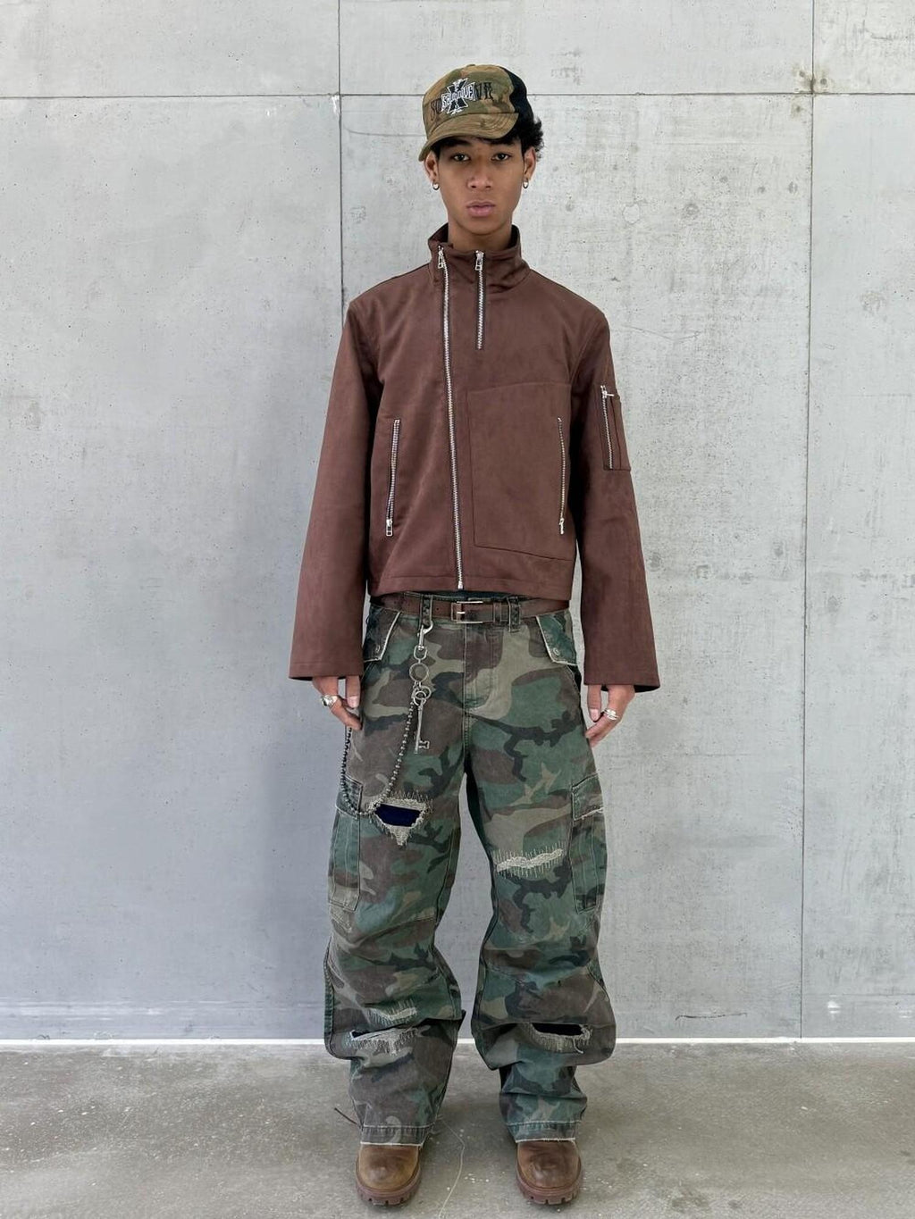 VLABMADE Breathable Cotton Distressed Olive Camo Straight Leg Urban Wide Cargo Pants