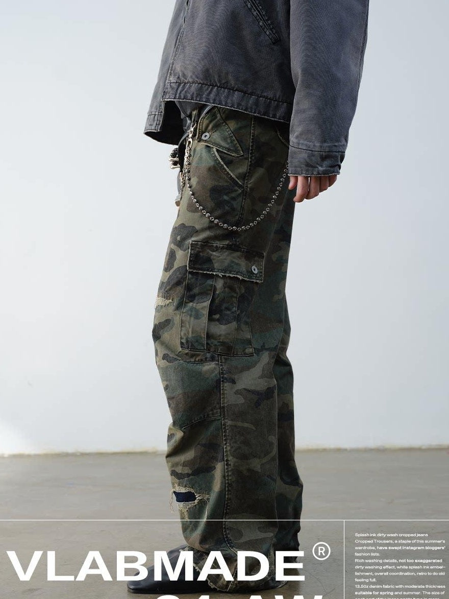 VLABMADE Breathable Cotton Distressed Olive Camo Straight Leg Urban Wide Cargo Pants